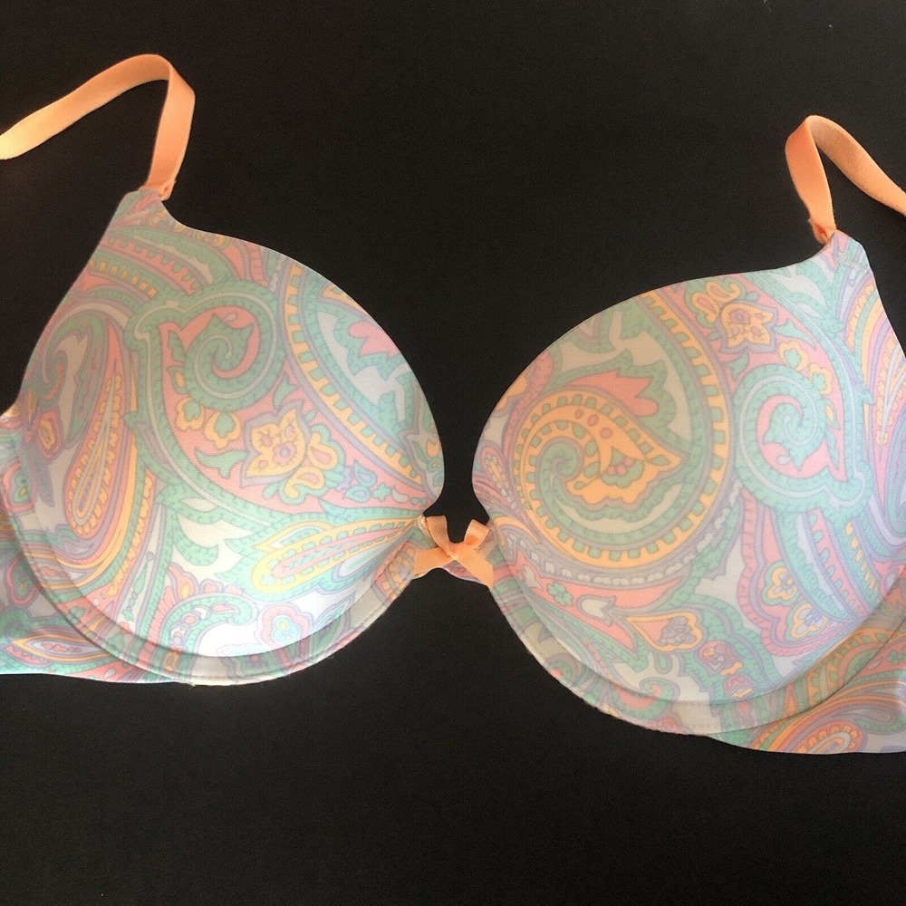 Victorias Secret Push Up Bra 36 C Paisley Blue & Orange & Pink Underwire Bow